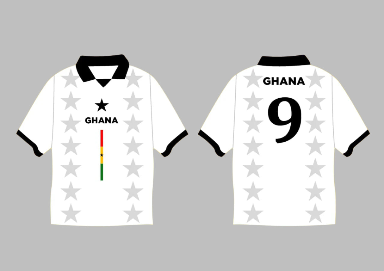 White sports jersey with star pattern and 'Ghana' text on a yellow background