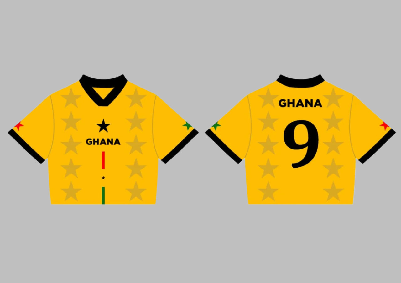Yellow sports jersey with 'Ghana' and number '9' on a white background