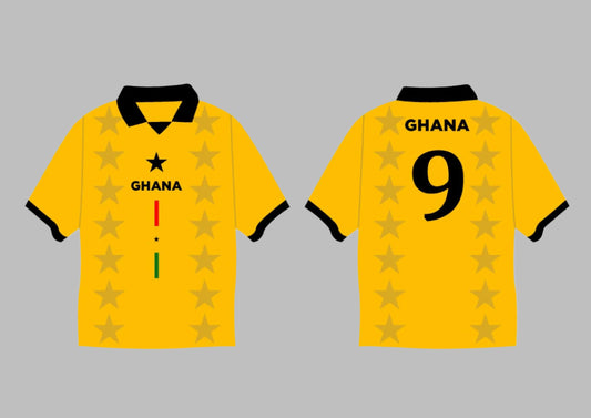 Yellow Ghana sports jersey with star pattern and 'GHANA' text on a white background