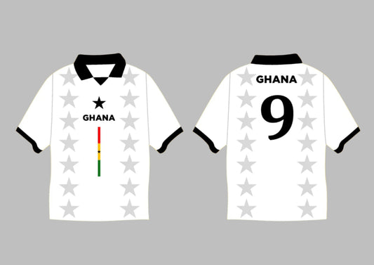 White sports jersey with star pattern and 'Ghana' text on a yellow background